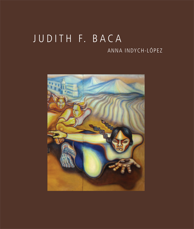 Judith F. Baca brown book cover with a colorful painting of several figures crawling upon an outdoor landscape..