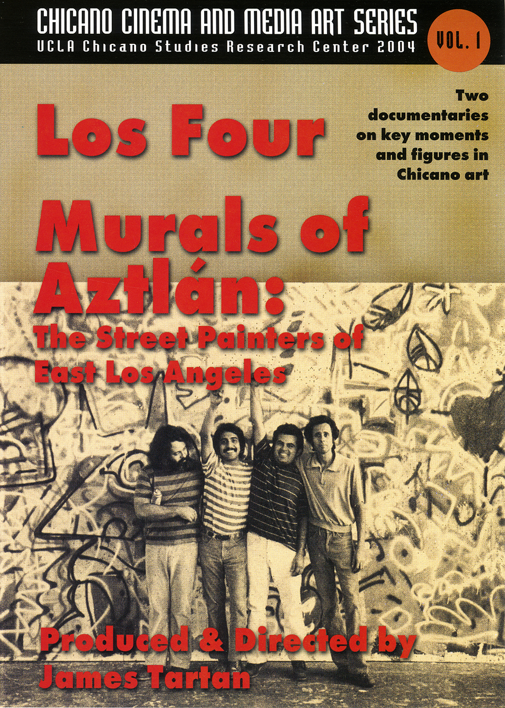 DVD cover with tan bacground and a black and white photo of four male artists standing together in front of a mural with graffiti-like imagery.