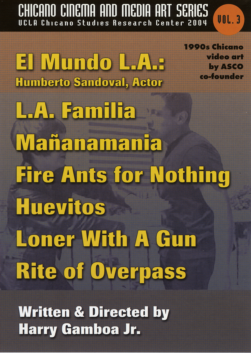 DVD cover with light brown background and film still of two men in conversation, with a list of video art titles listed in yellow text.