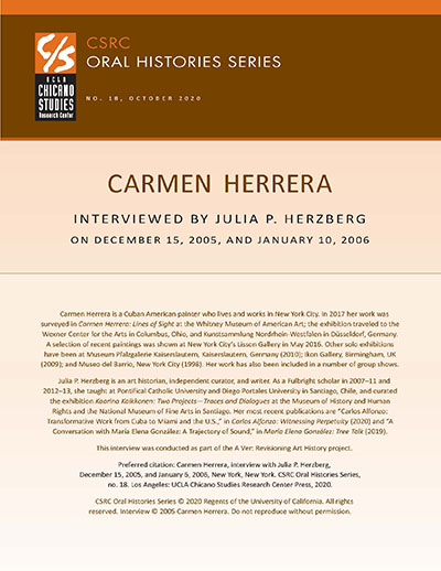 Oral history cover with a brown and beige design featuring the CSRC logo, Carmen Herrera's name, interview dates, and details about her background.