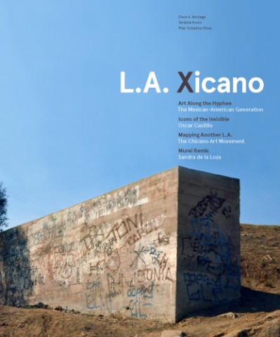 Blue L.A. Xicano book cover with a color photograph of a graffiti-covered concrete structure under a blue sky.