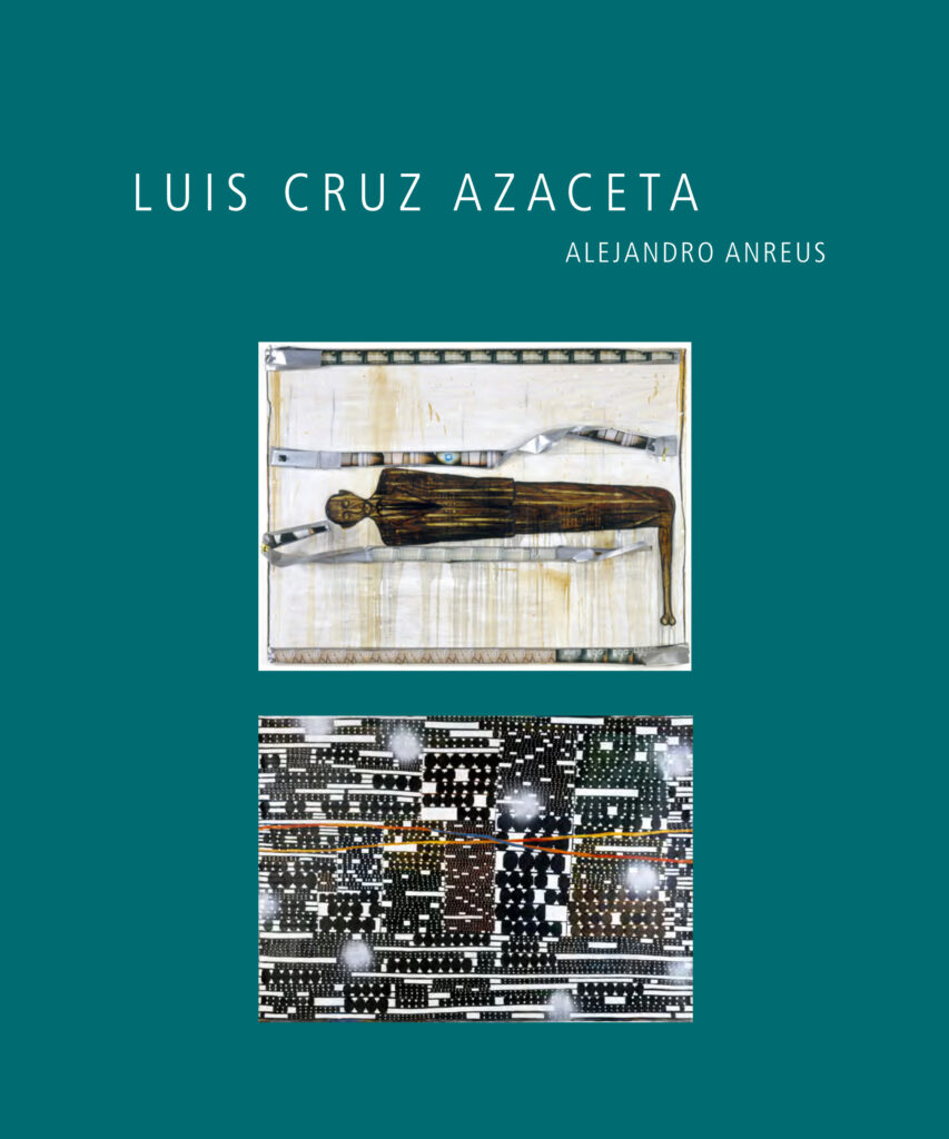 Luis Cruz Azaceta teal book cover with two paintings stacked vertically, including a human figure and an abstract design.