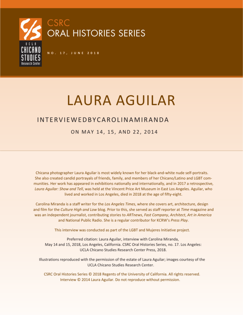 Oral history cover with a brown and beige design featuring the CSRC logo, Laura Aguilar's name, interview dates, and details about her background.