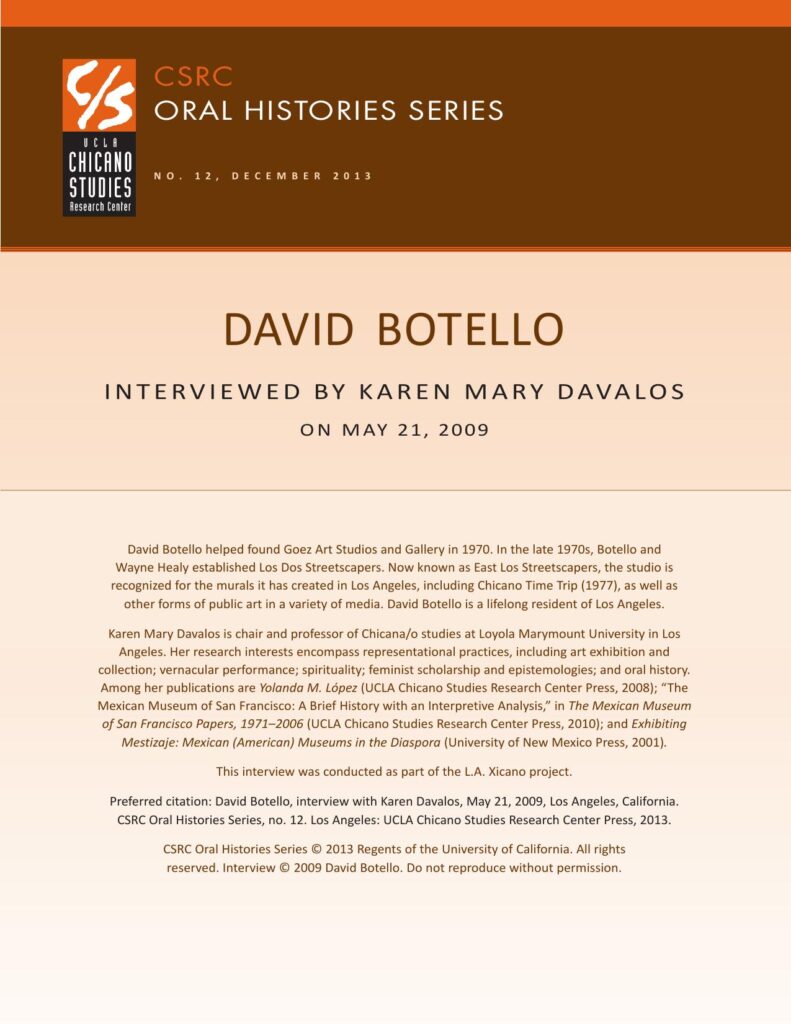 Oral history cover with a brown and beige design featuring the CSRC logo, David Botello's name, interview dates, and details about his background.