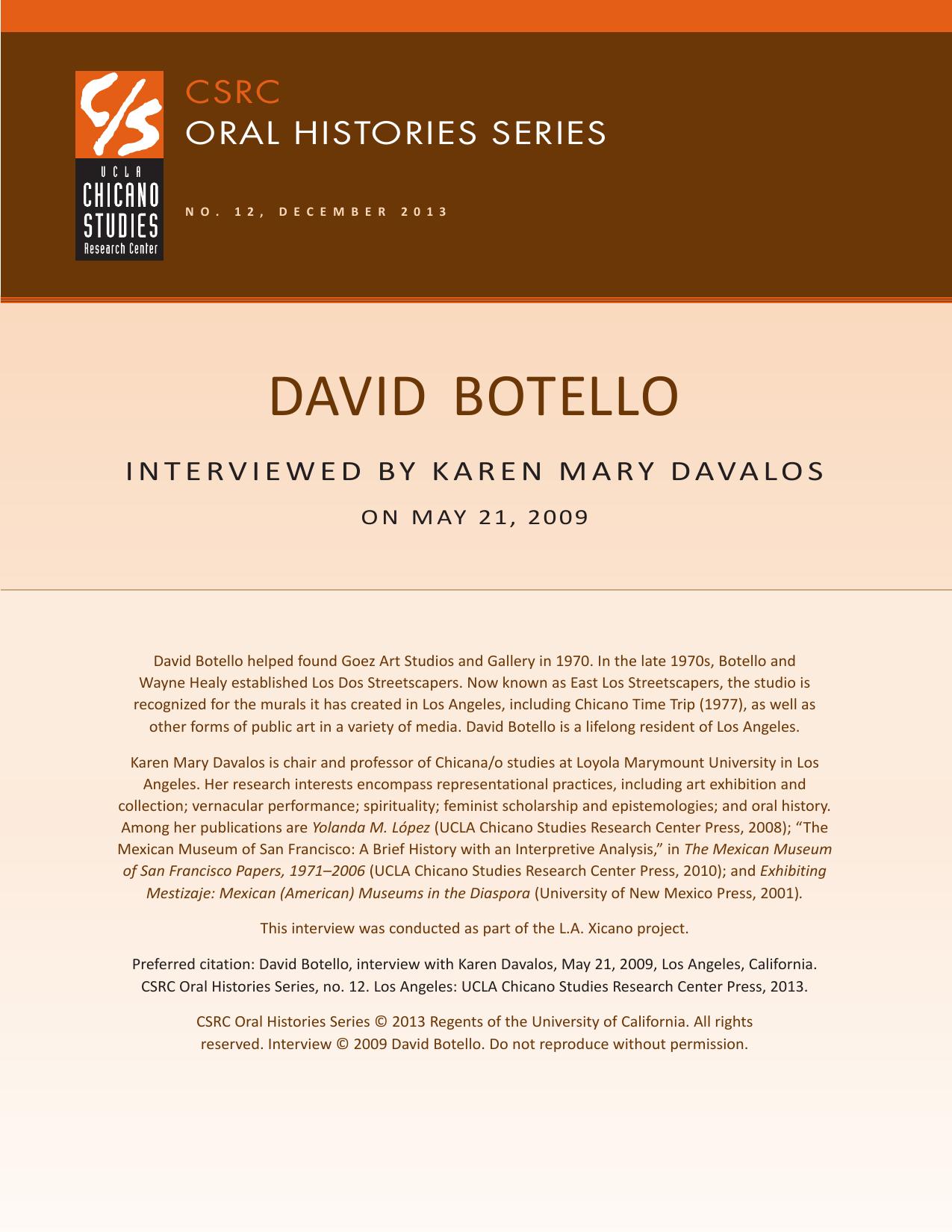Oral history cover with a brown and beige design featuring the CSRC logo, David Botello's name, interview dates, and details about his background.