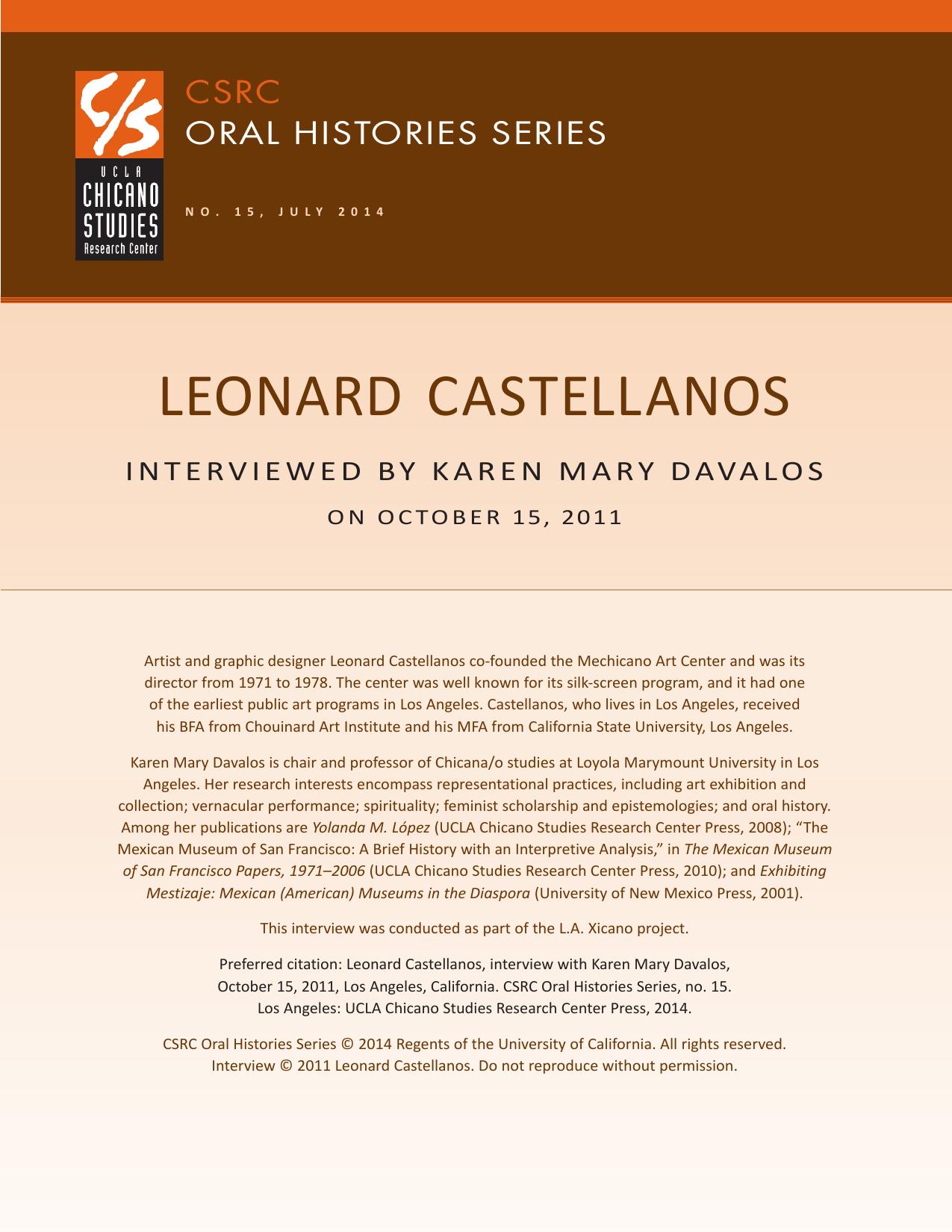 Oral history cover with a brown and beige design featuring the CSRC logo, Leonard Castellanos's name, interview dates, and background details.