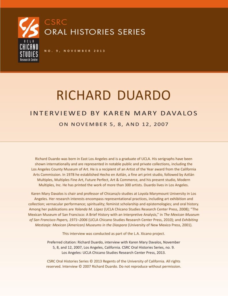 Oral history cover with a brown and beige design featuring the CSRC logo, Richard Duardo's name, interview dates, and details about his background.