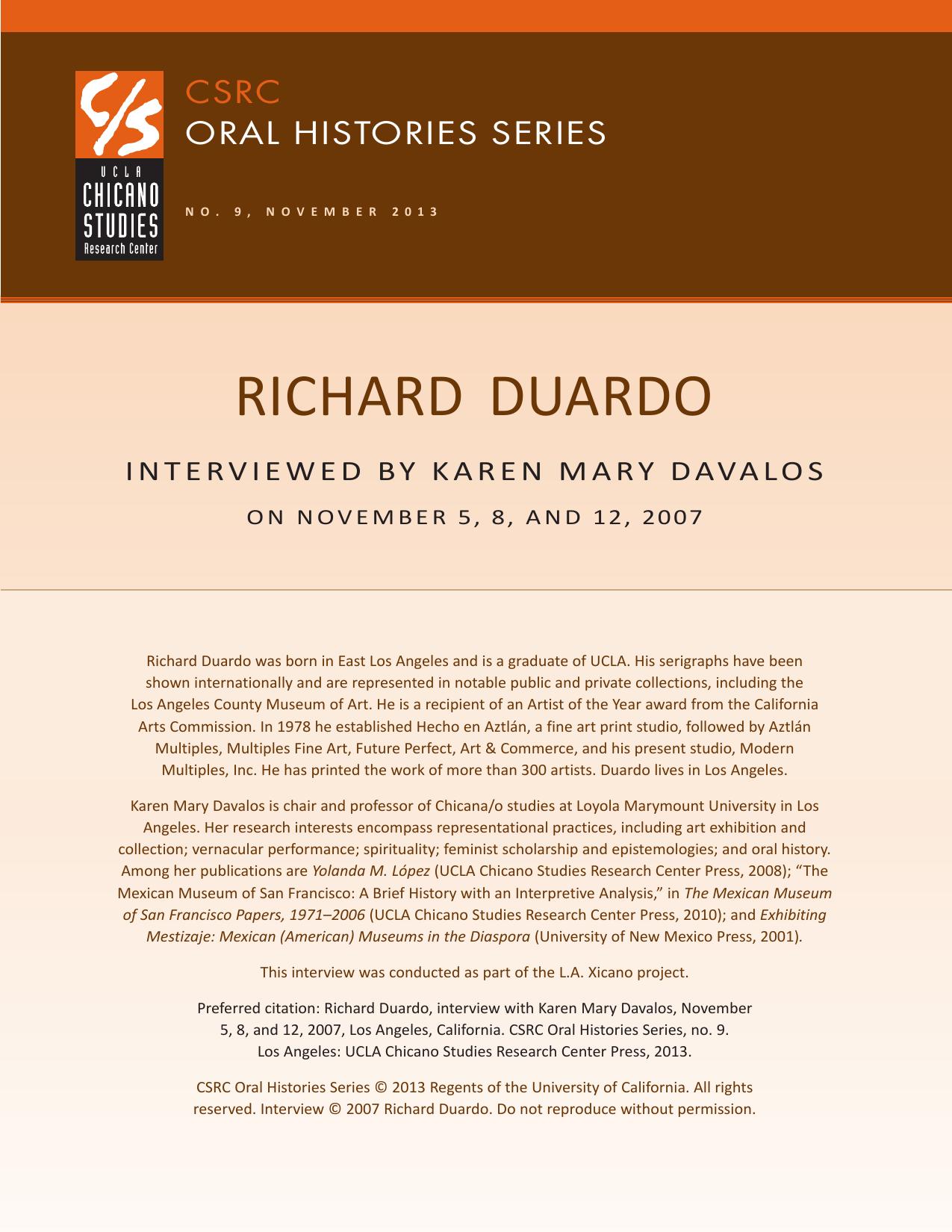 Oral history cover with a brown and beige design featuring the CSRC logo, Richard Duardo's name, interview dates, and details about his background.