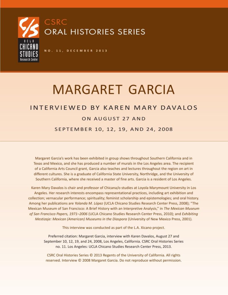 Oral history cover with a brown and beige design featuring the CSRC logo, Margaret Garcia's name, interview dates, and details about her background.