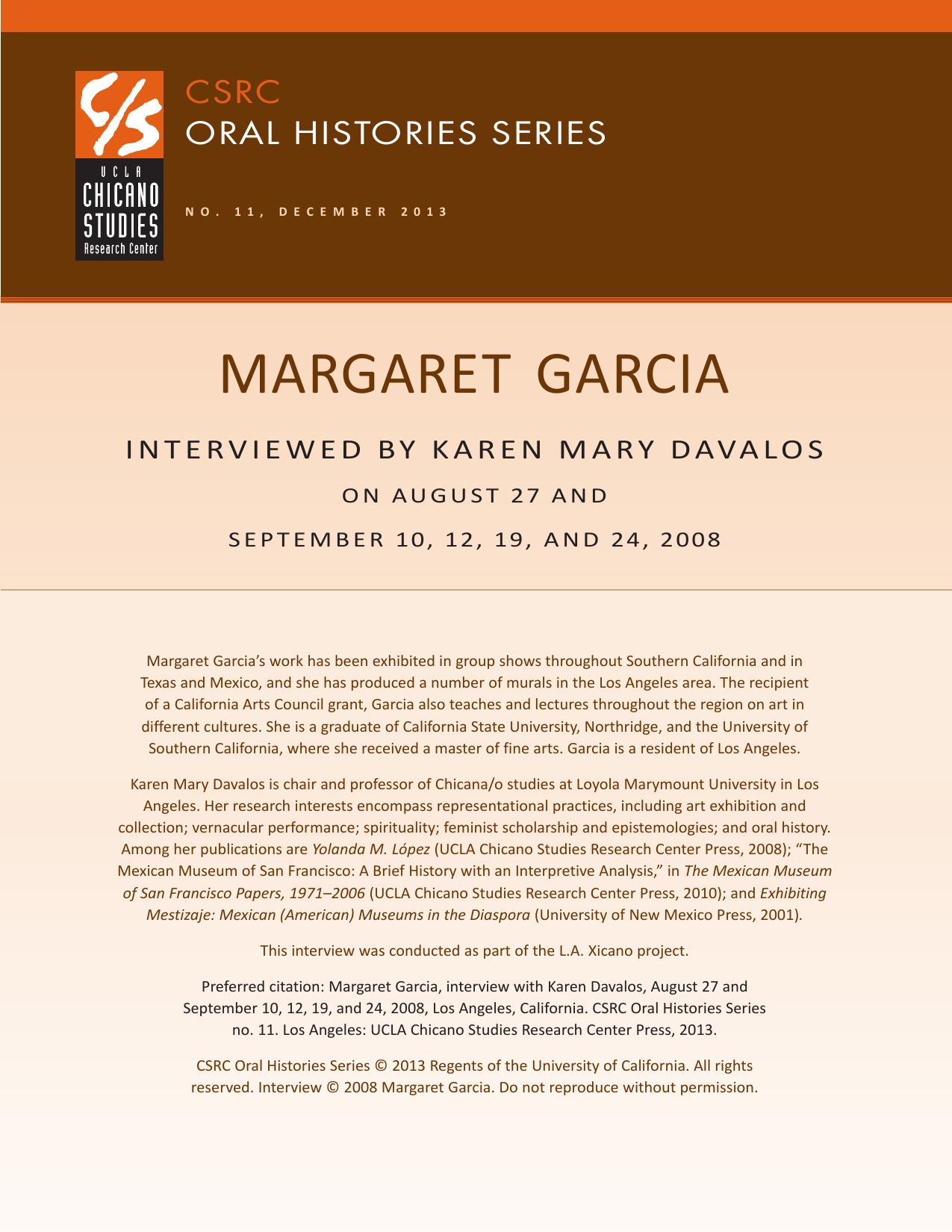 Oral history cover with a brown and beige design featuring the CSRC logo, Margaret Garcia's name, interview dates, and details about her background.