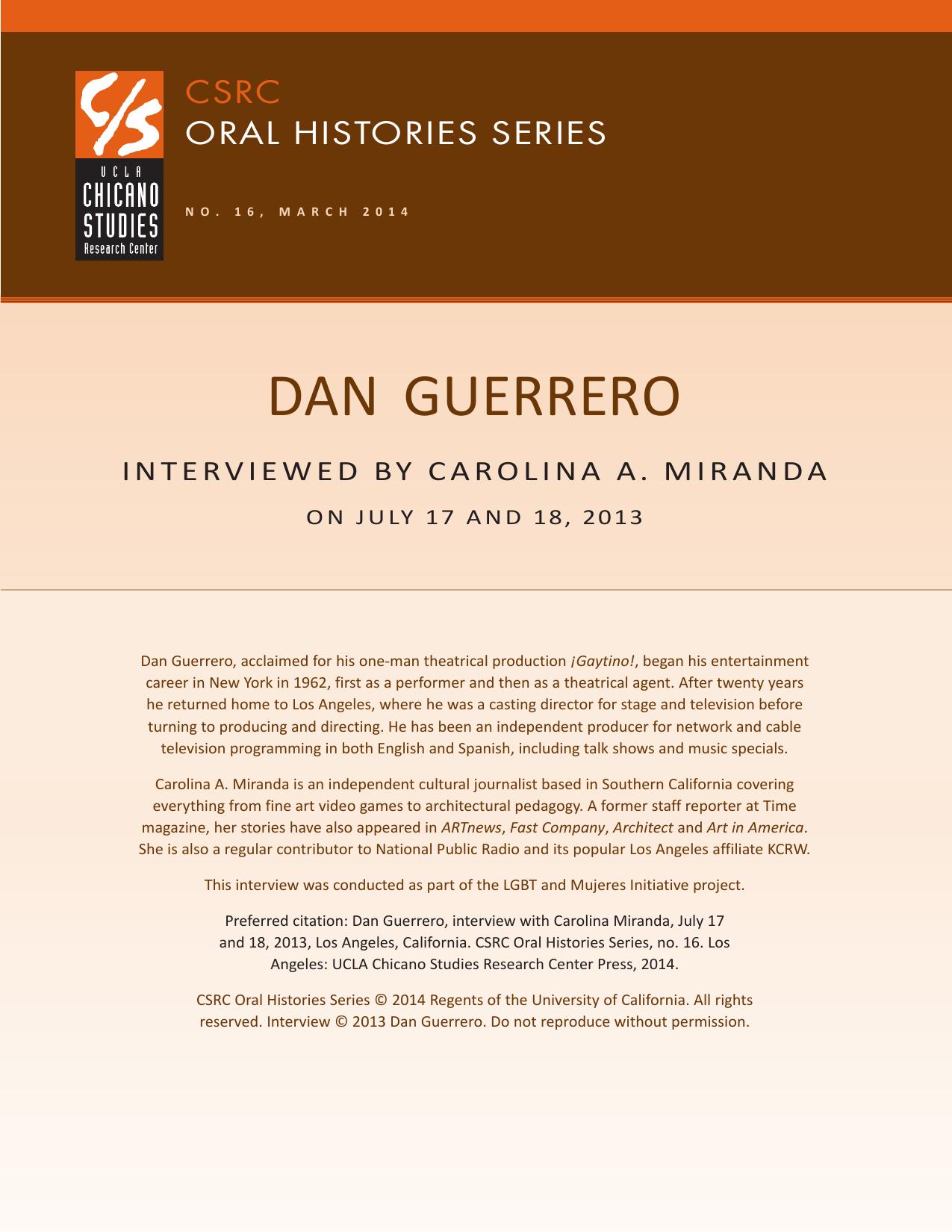 Oral history cover with a brown and beige design featuring the CSRC logo, Dan Guerrero's name, interview dates, and details about his background.