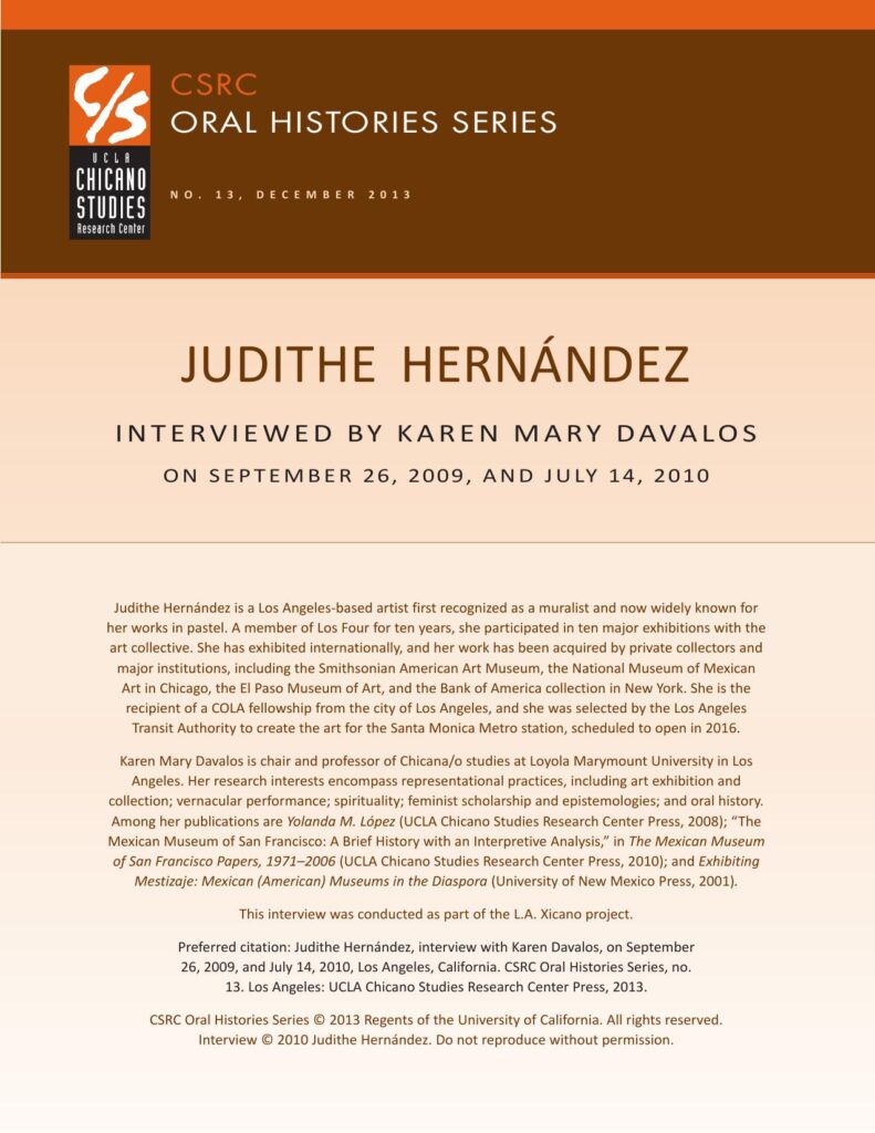 Oral history cover with a brown and beige design featuring the CSRC logo, Judithe Hernández's name, interview dates, and details about her background.