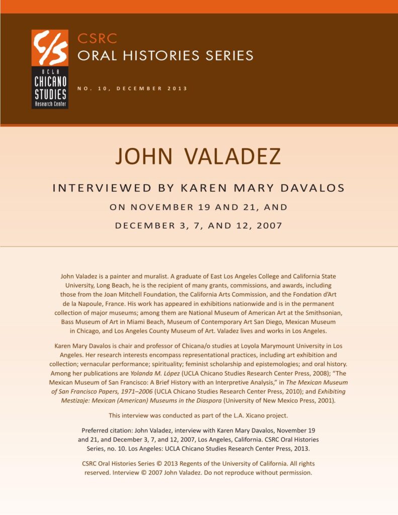 Oral history cover with a brown and beige design featuring the CSRC logo, John Valadez's name, interview dates, and details about his background.