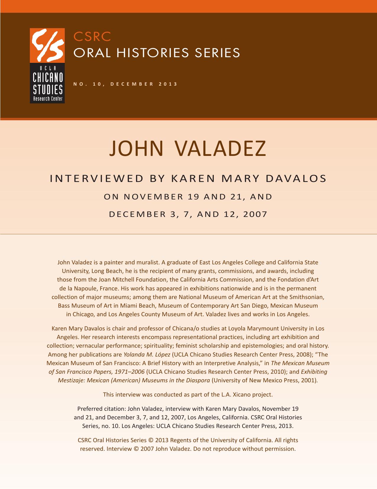 Oral history cover with a brown and beige design featuring the CSRC logo, John Valadez's name, interview dates, and details about his background.