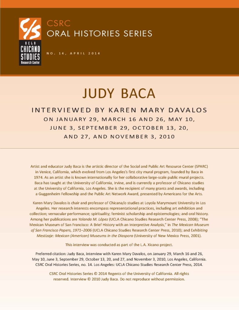Oral history cover with a brown and beige design featuring the CSRC logo, Judy Baca's name, interview dates, and details about her background.