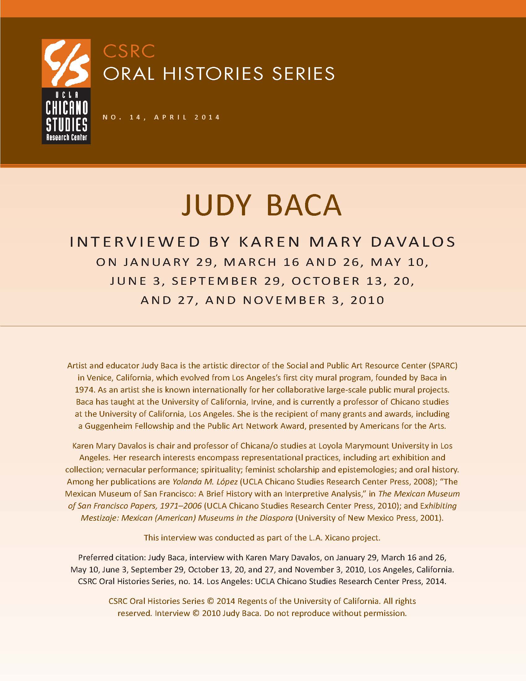 Oral history cover with a brown and beige design featuring the CSRC logo, Judy Baca's name, interview dates, and details about her background.