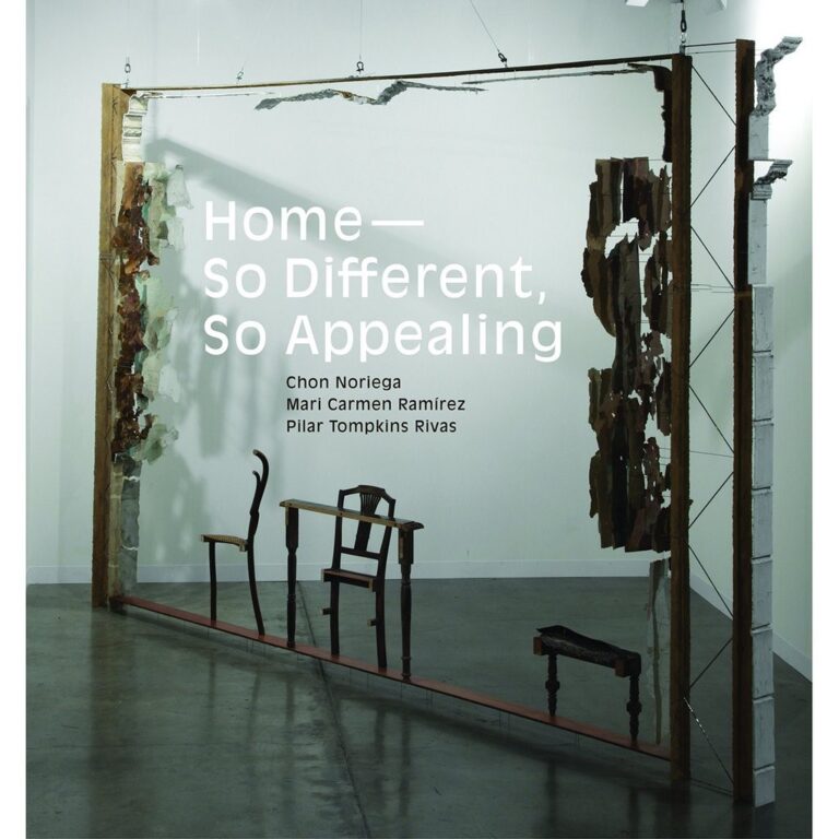 Book cover showing an art installation with a large wood frame, two chairs and a table, and title in white text.