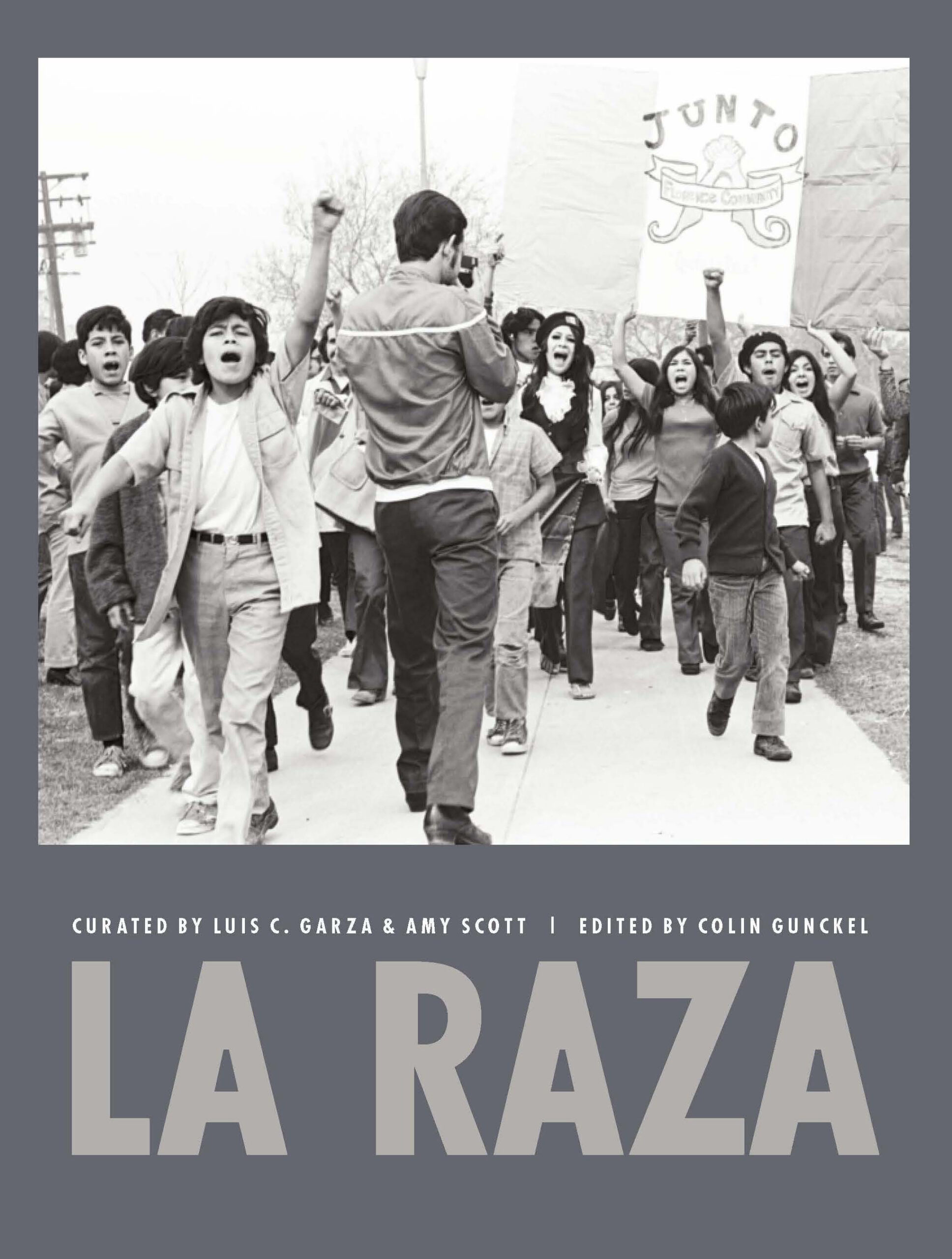 Gray book cover with a black and white photo of people marching together and large text reading "LA RAZA."