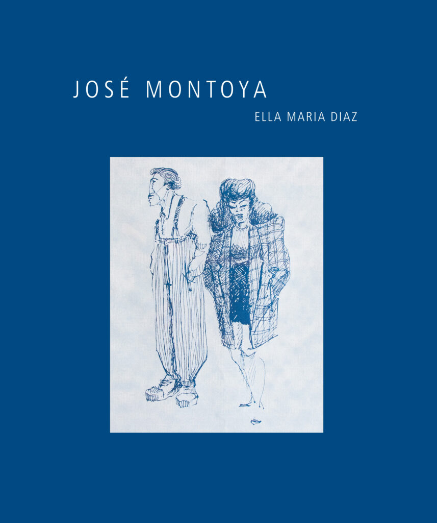Jose Montoya blue book cover with a blue ink pen drawing of a man and woman standing together against a white background.