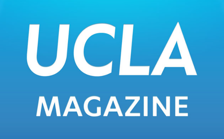 UCLA Magazine logo in white text on a light blue background.