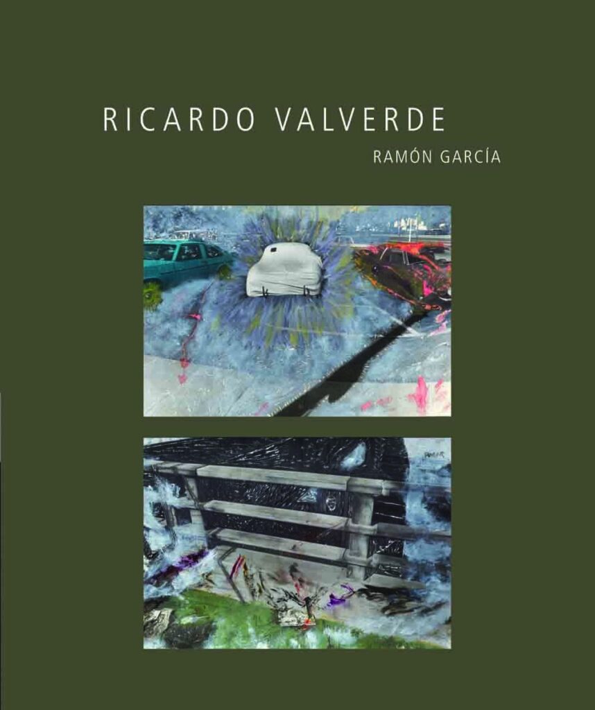 Ricardo Valverde green book cover showing two colorful paintings stacked, one with cars on a road and another with abstract shapes and textures.