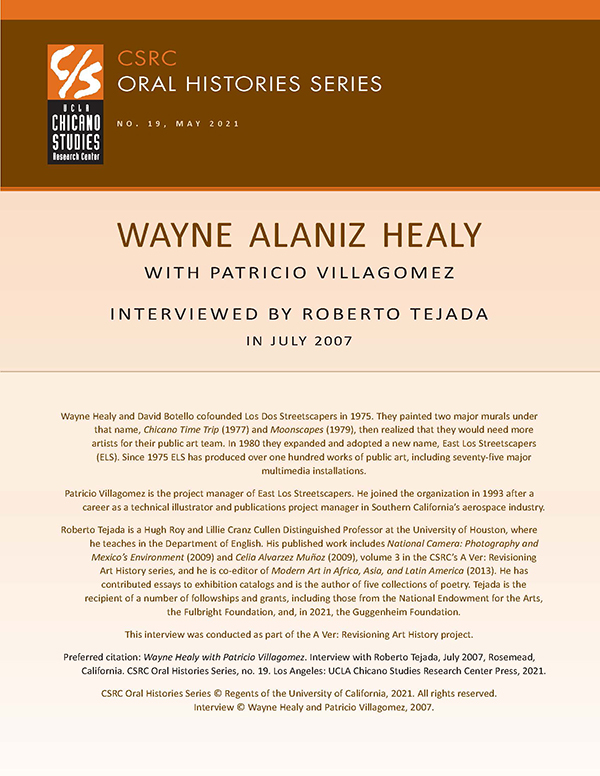 Oral history cover with a brown and beige design featuring the CSRC logo, Wayne Healy's name, interview dates, and details about his background.