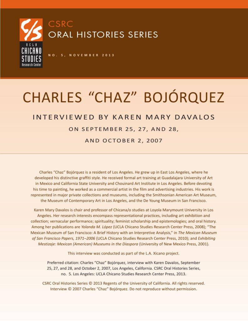 Oral history cover with a brown and beige design featuring the CSRC logo, Charles Bojórquez's name, interview dates, and details about his background.
