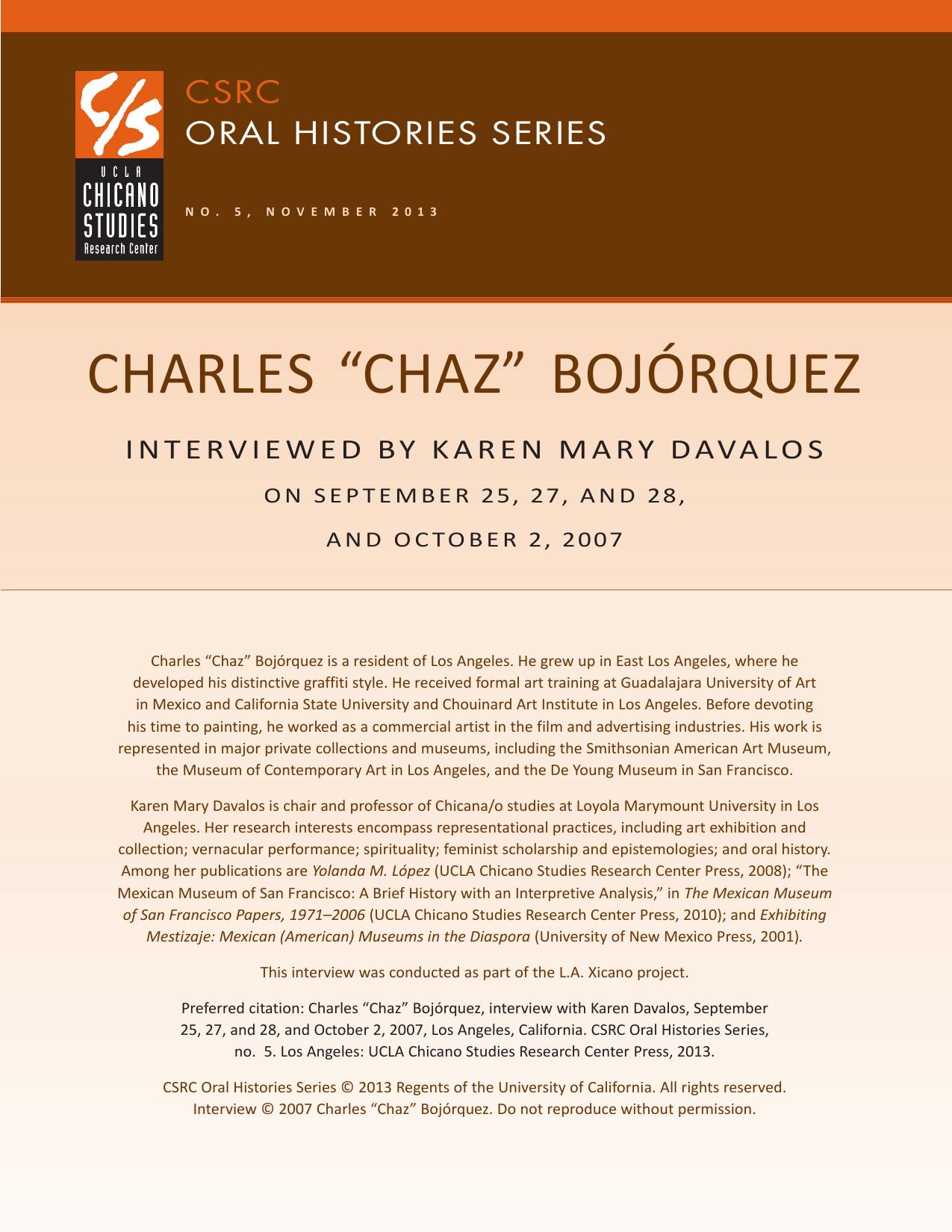 Oral history cover with a brown and beige design featuring the CSRC logo, Charles Bojórquez's name, interview dates, and details about his background.