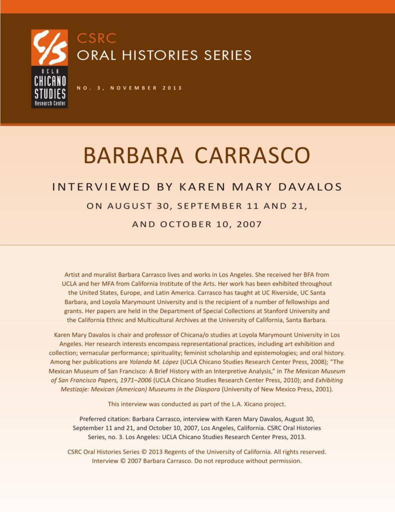 Oral history cover with a brown and beige design featuring the CSRC logo, Barbara Carrasco's name, interview dates, and details about her background.