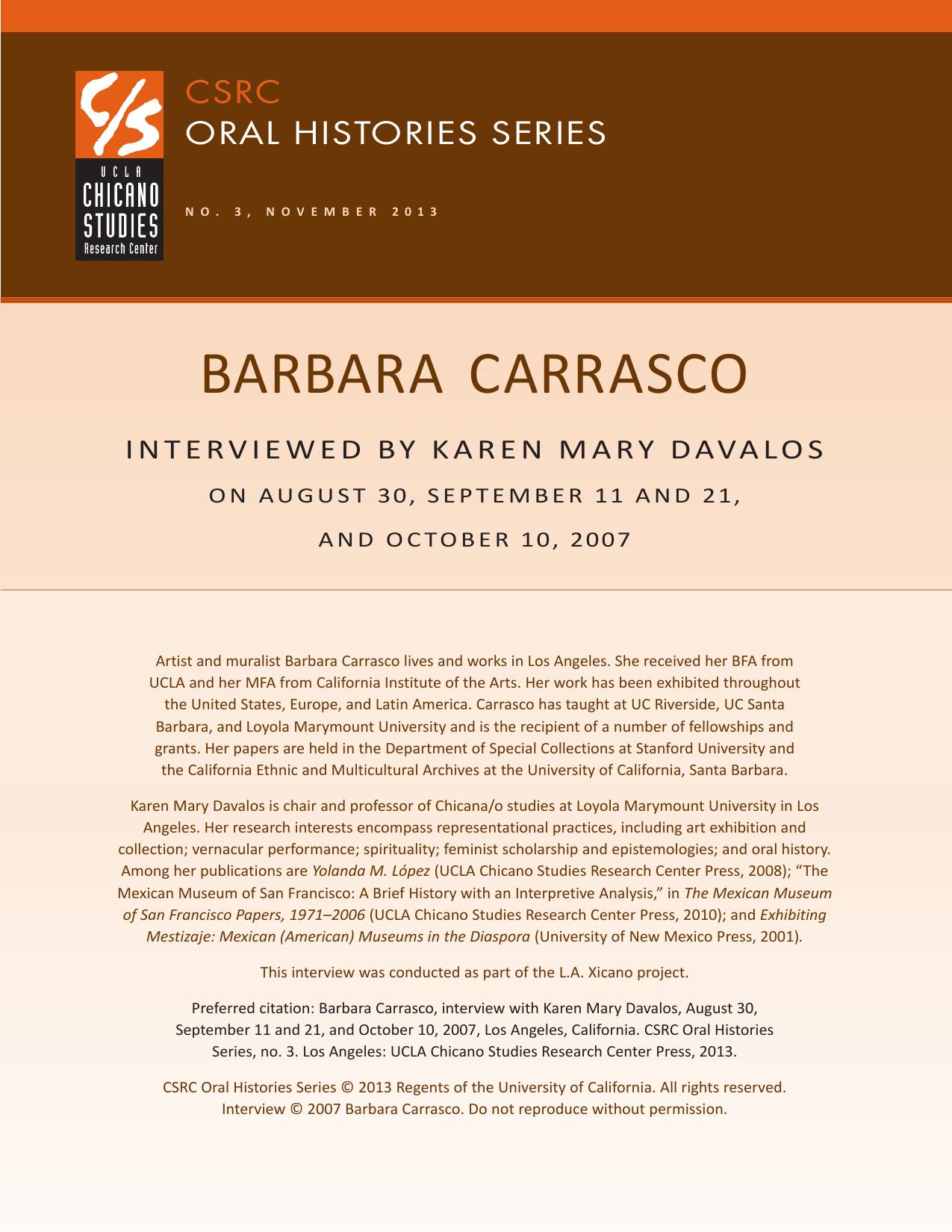 Oral history cover with a brown and beige design featuring the CSRC logo, Barbara Carrasco's name, interview dates, and details about her background.