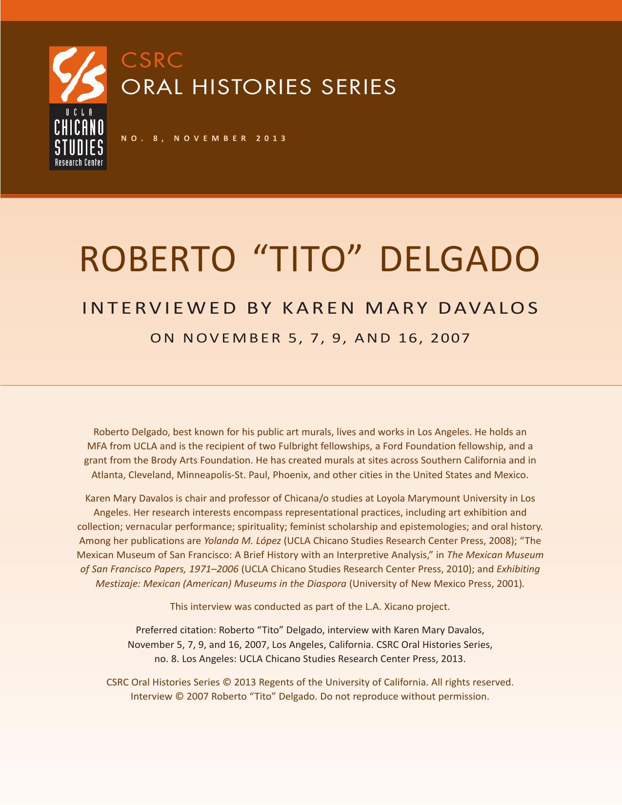 Oral history cover with a brown and beige design featuring the CSRC logo, Roberto Delgado's name, interview dates, and details about his background.