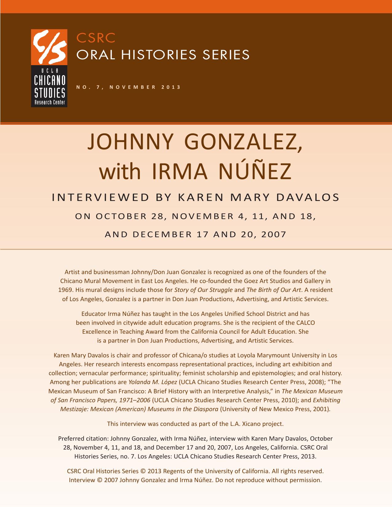 Oral history cover with a brown and beige design featuring the CSRC logo, Johnny Gonzalez's name, interview dates, and details about his background.