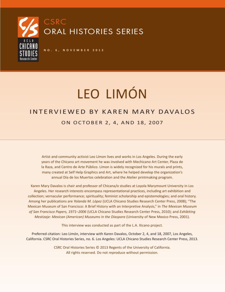 Oral history cover with a brown and beige design featuring the CSRC logo, Leo Limón's name, interview dates, and details about his background.