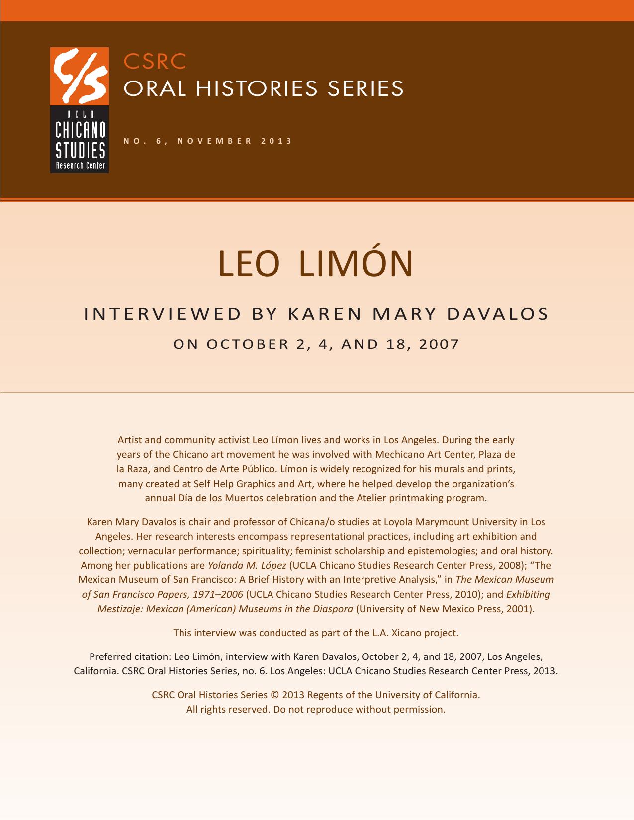 Oral history cover with a brown and beige design featuring the CSRC logo, Leo Limón's name, interview dates, and details about his background.