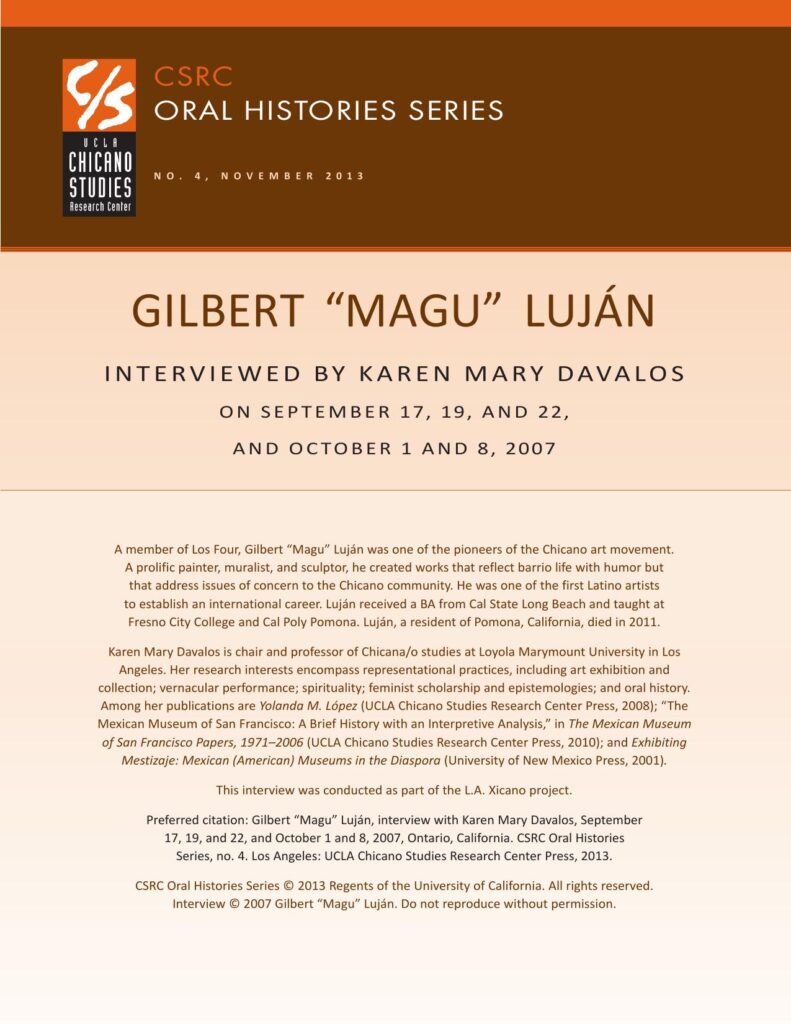 Oral history cover with a brown and beige design featuring the CSRC logo, Gilbert Luján's name, interview dates, and details about his background.