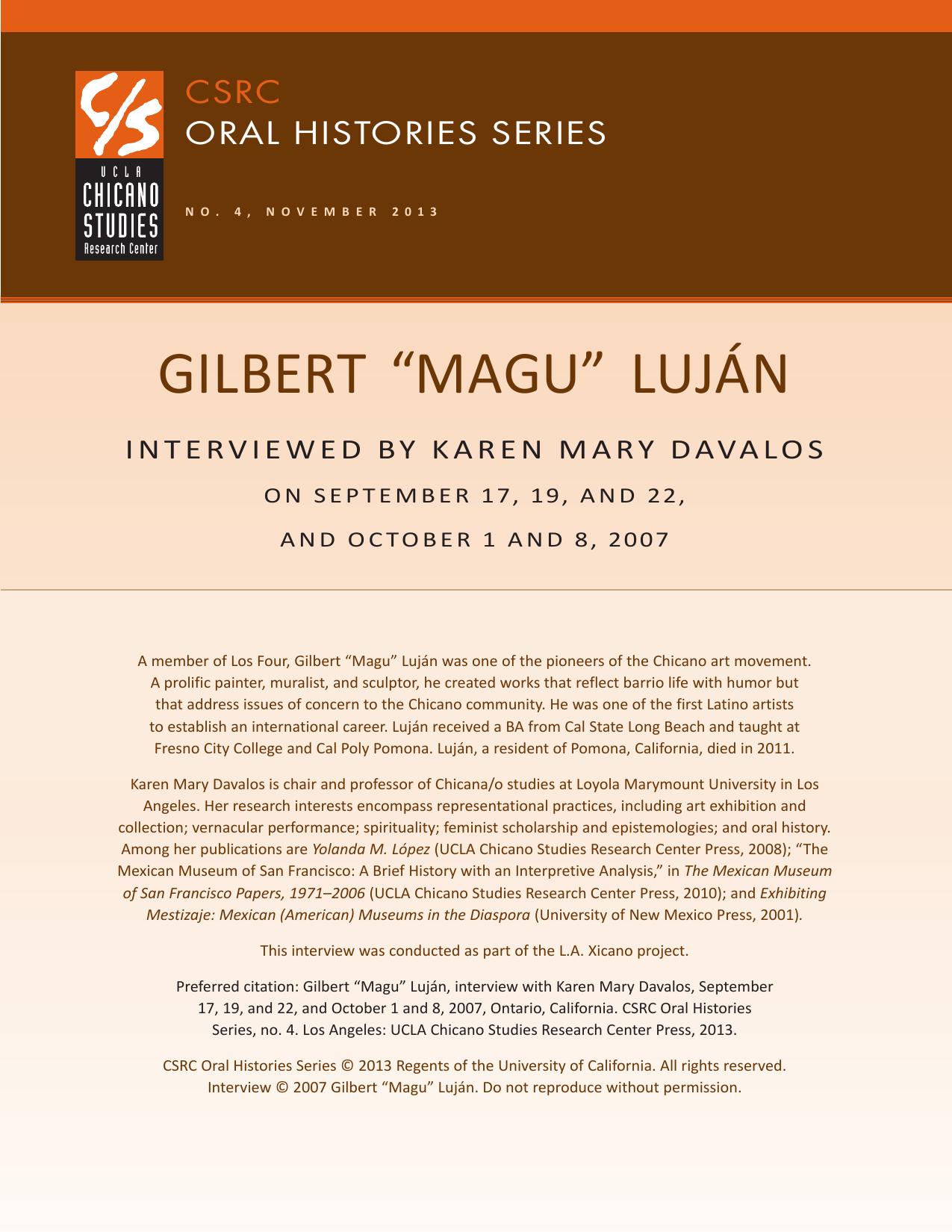 Oral history cover with a brown and beige design featuring the CSRC logo, Gilbert Luján's name, interview dates, and details about his background.
