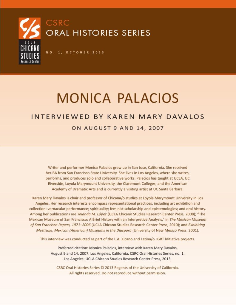 Oral history cover with a brown and beige design featuring the CSRC logo, Monica Palacios's name, interview dates, and details about her background.