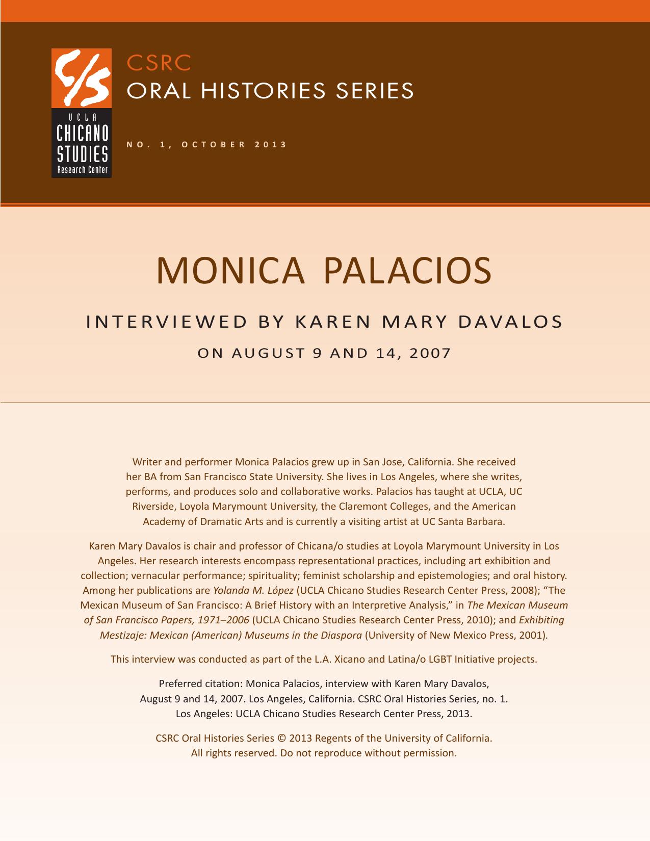 Oral history cover with a brown and beige design featuring the CSRC logo, Monica Palacios's name, interview dates, and details about her background.