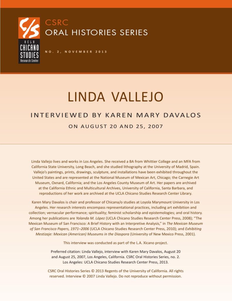 Oral history cover with a brown and beige design featuring the CSRC logo, Linda Vallejo's name, interview dates, and details about her background.