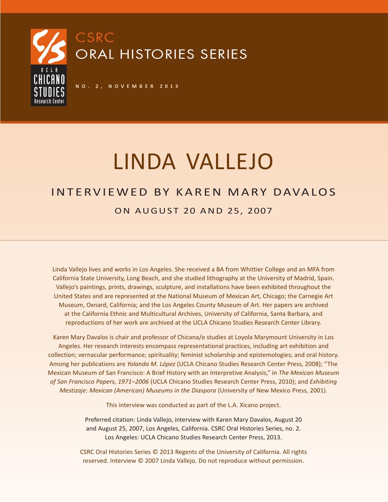 Oral history cover with a brown and beige design featuring the CSRC logo, Linda Vallejo's name, interview dates, and details about her background.