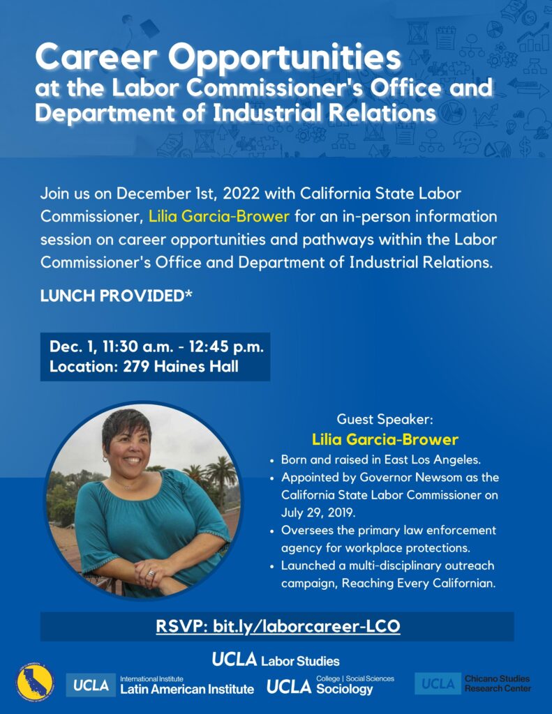 Information Session: Career Opportunities at the CA Labor Commissoner's Office and Department of Industrial Relations [POSTPONED]. December 1, 2022.