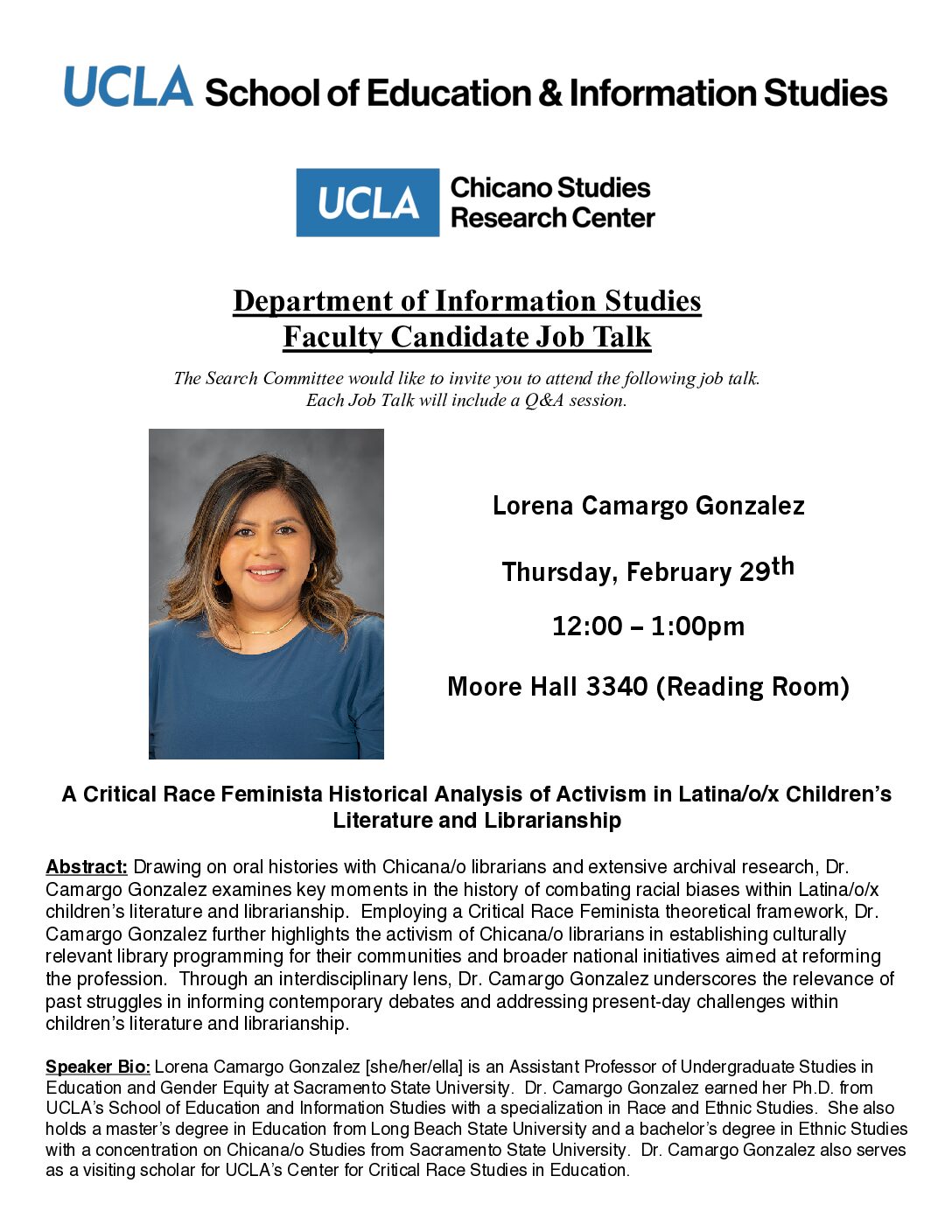 Talk: Lorena Camargo Gonzalez presents “A Critical Race Feminista Historical Analysis of Activism in Latina/o/x Children’s Literature and Librarianship”