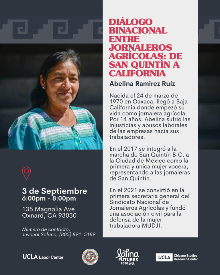 Talk: Abelina Ramirez, General Secretary of SINDJA September 3, 2024 135 Magnolia Ave., Oxnard, CA 93030 | 6:00pm to 8:00pm. Flyer/