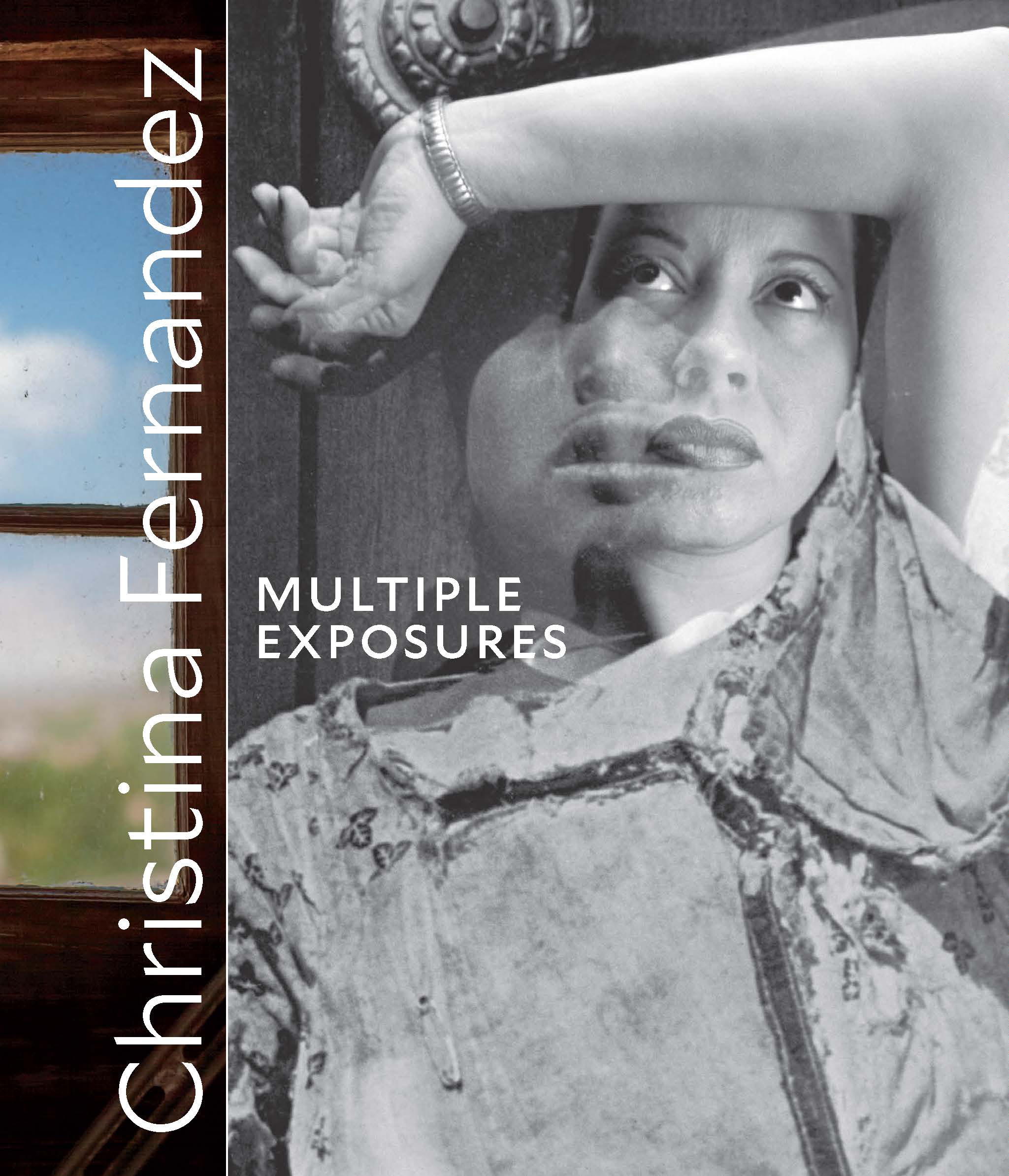 Black and white book cover showing the artist reclining with her arm above her head, and the title Multiple Exposures in white text.