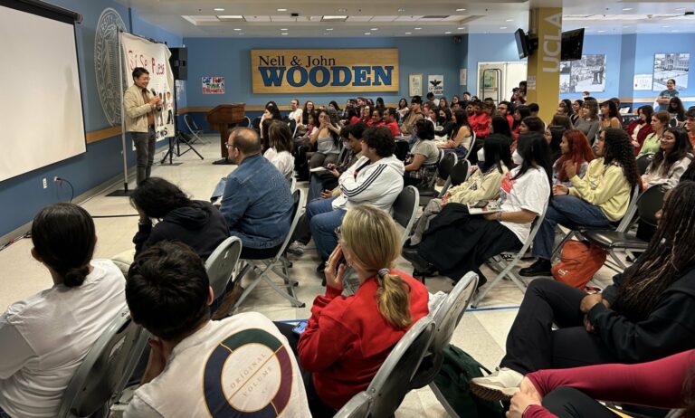 Project Director for Labor and Community Partnerships Kent Wong speaking at the community rally held at UCLA’s Ackerman Union on April 24. Photo by: UCLA Labor Studies