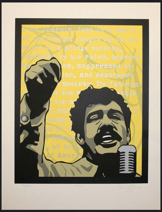 Framed yellow and black silkscreen print of Corky Gonzalez raising his fist while speaking into a microphone.