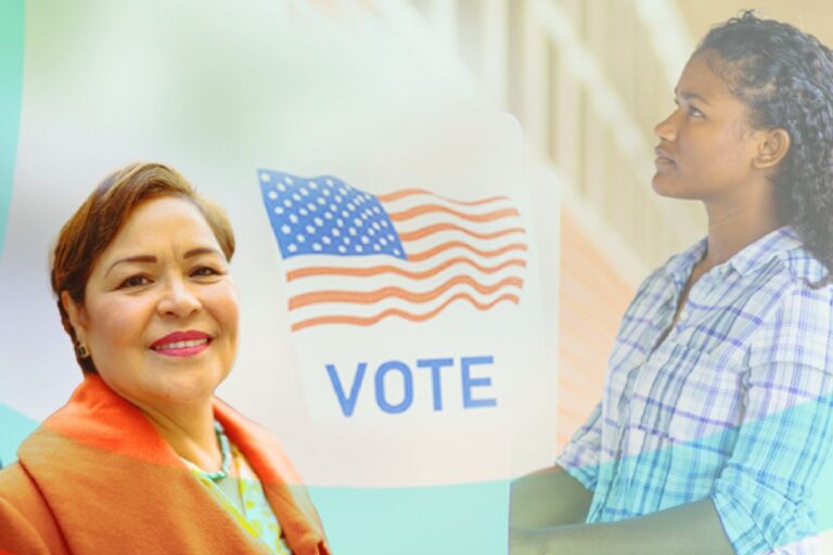 Collage of voters around a sign stating "VOTE" with an American flag.