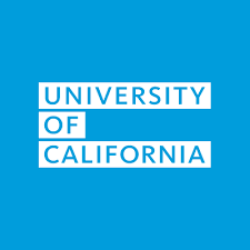 University of California logo with blue text inside three white rectangular boxes on a bright blue background.