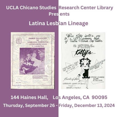 Purple and white flyer showing two pieces of archival ephemera with the Latina Lesbian Lineage exhibition title, location, and dates.