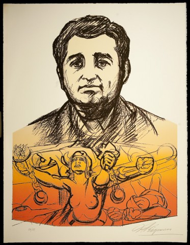 Black and orange illustration showing a portrait of Rubén Salazar above a woman raising her fists, surrounded by people lying on the ground.
